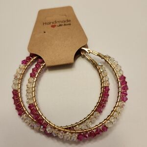 Gold hoops stainless pink/clear beads individually wire wrapped- handcrafted